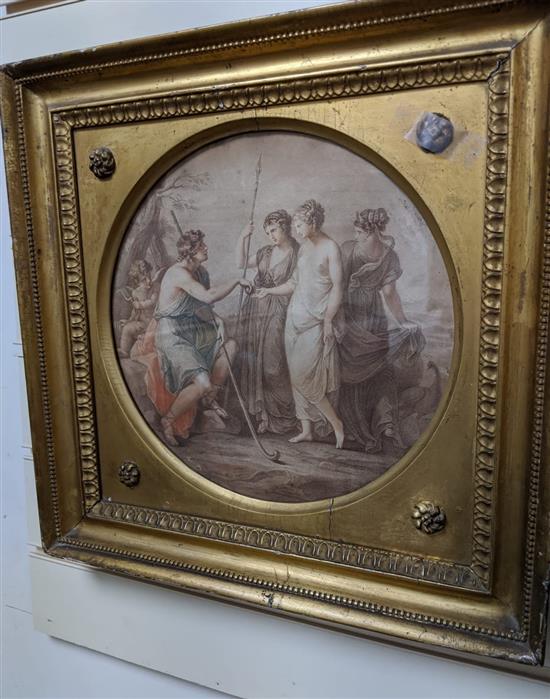 After Angelica Kauffman, a pair of coloured prints, Classical scenes, tondo, 27cm, frames overall 40 x 40cm